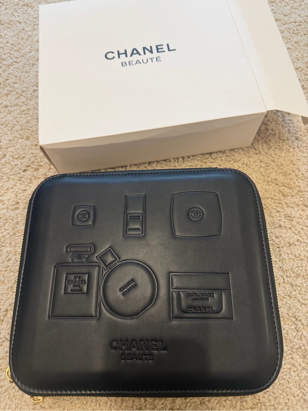 CHANEL Black Embossed Beauté Zip Pouch